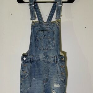 H&M Blue Denim Overalls with Adjustable Straps and Distressed Details